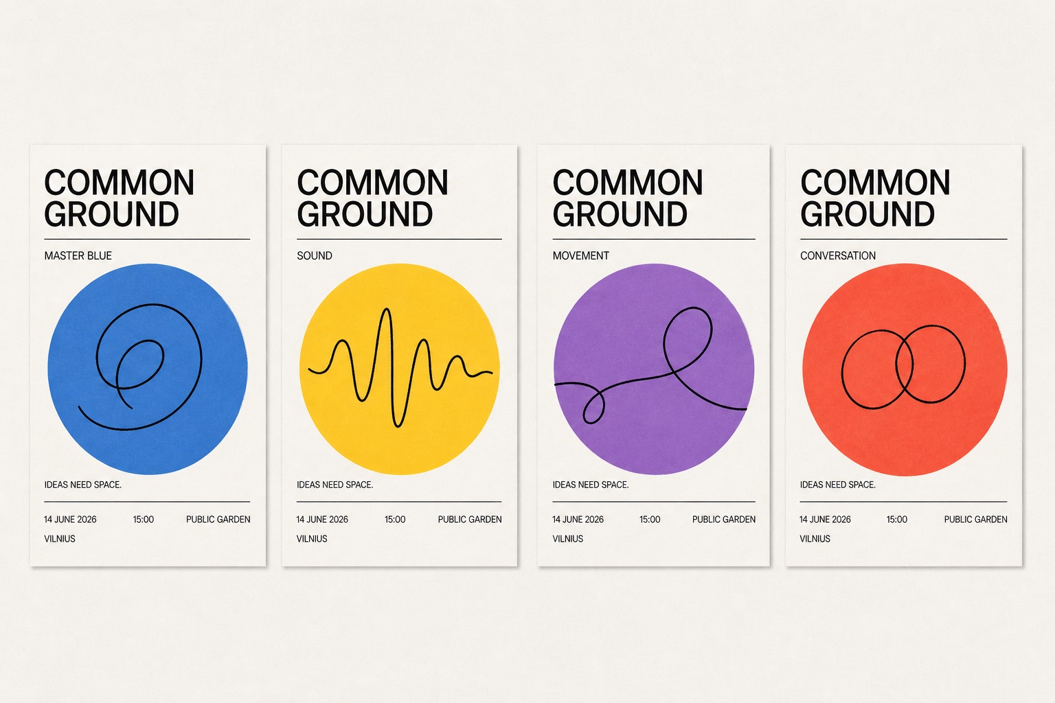 Poster series — individual programme themes share a common graphic structure while retaining their own colour and rhythm.