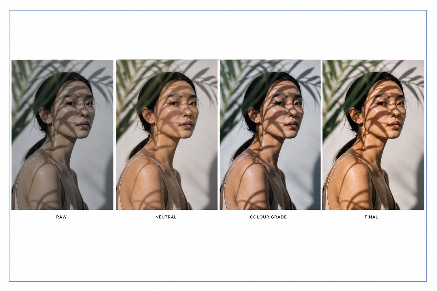 Colour progression — a conceptual comparison of possible grades, not documented before-and-after client retouching.